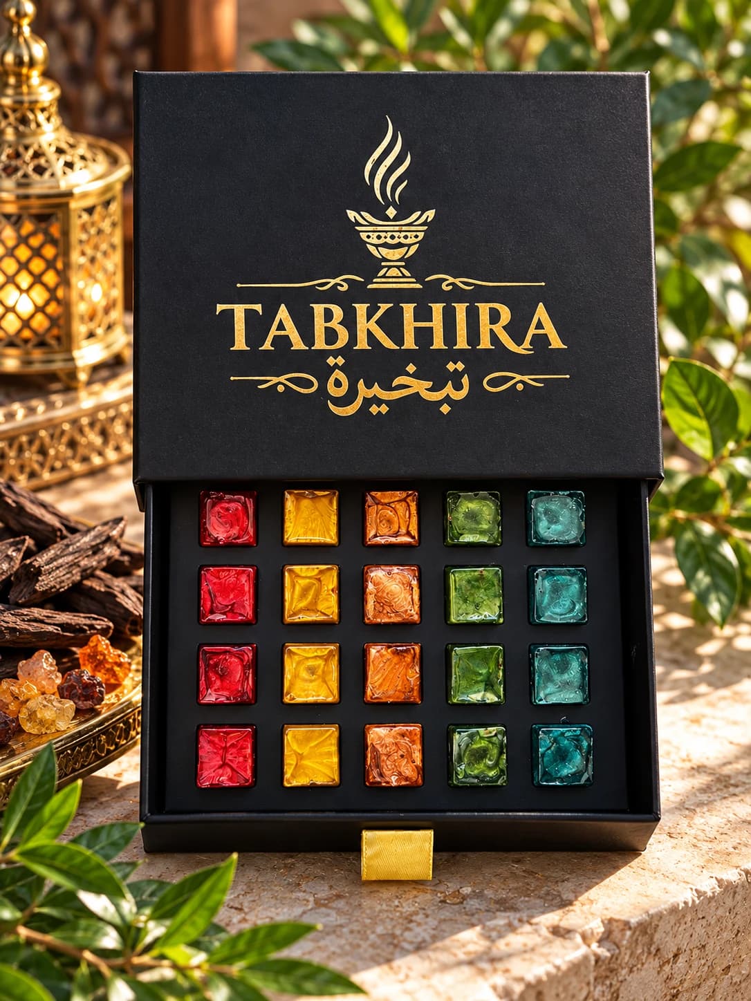 بوكس TABKHIRA بخور مستيكا فاخر — 20 قطعة بـ5 روائح داخل علبة درج أنيقة