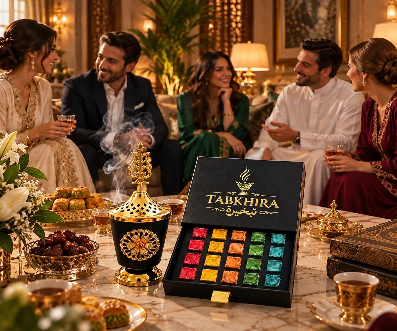 أجواء استقبال الضيوف مع بخور TABKHIRA ومبخرة فاخرة في الصالون